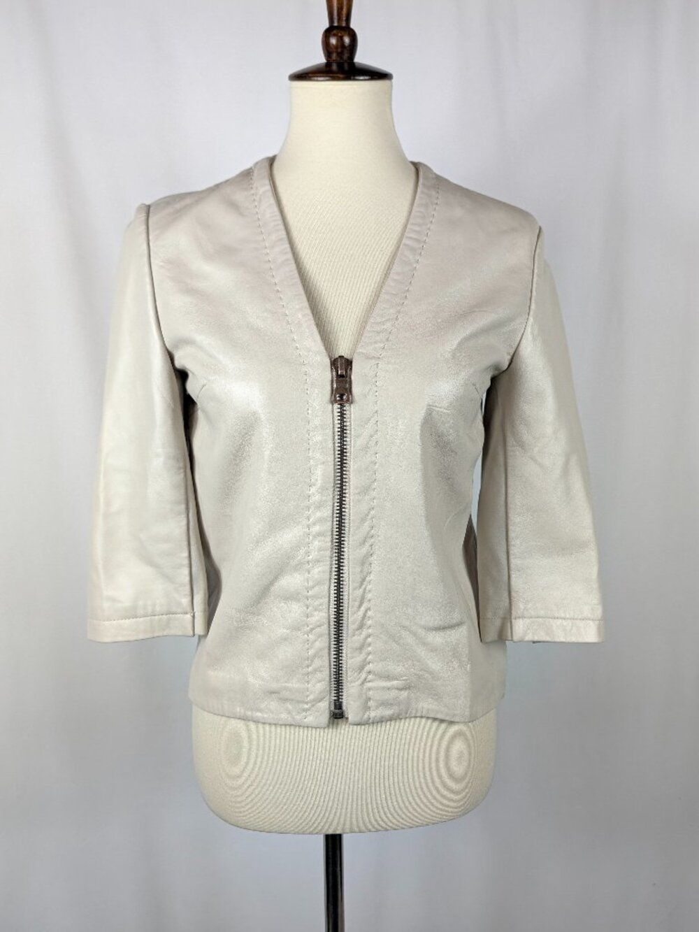 My Tribe Cream Ivory Soft Lambskin Leather Jacket Jersey Back 3/4 Sleeves Sz M